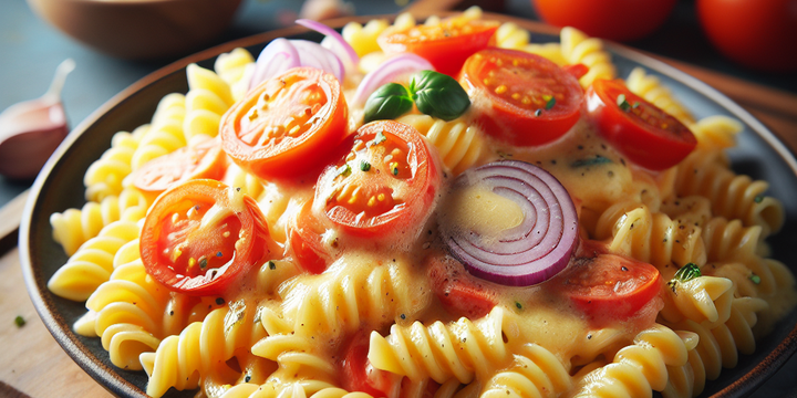 Knoflook-kaas pasta met tomaat en ui