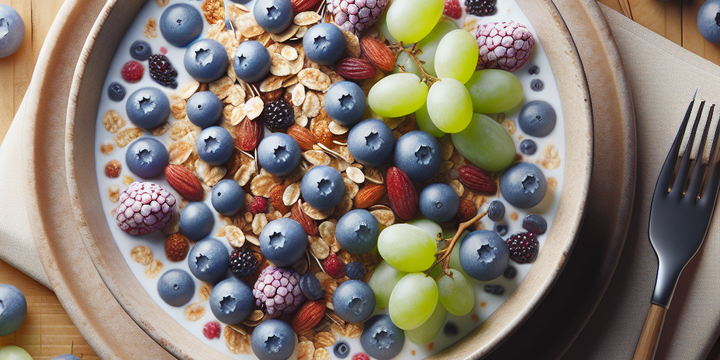 Muesli ontbijt met blauwe bessen en druiven